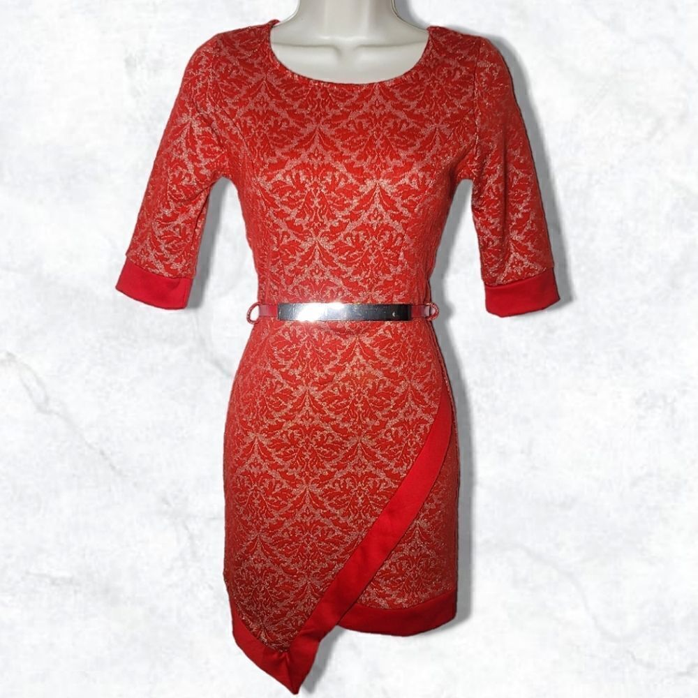 Dulce Carola Red & Gold Sparkly Lace Asymmetrical Cropped Sleeve Mini Dress